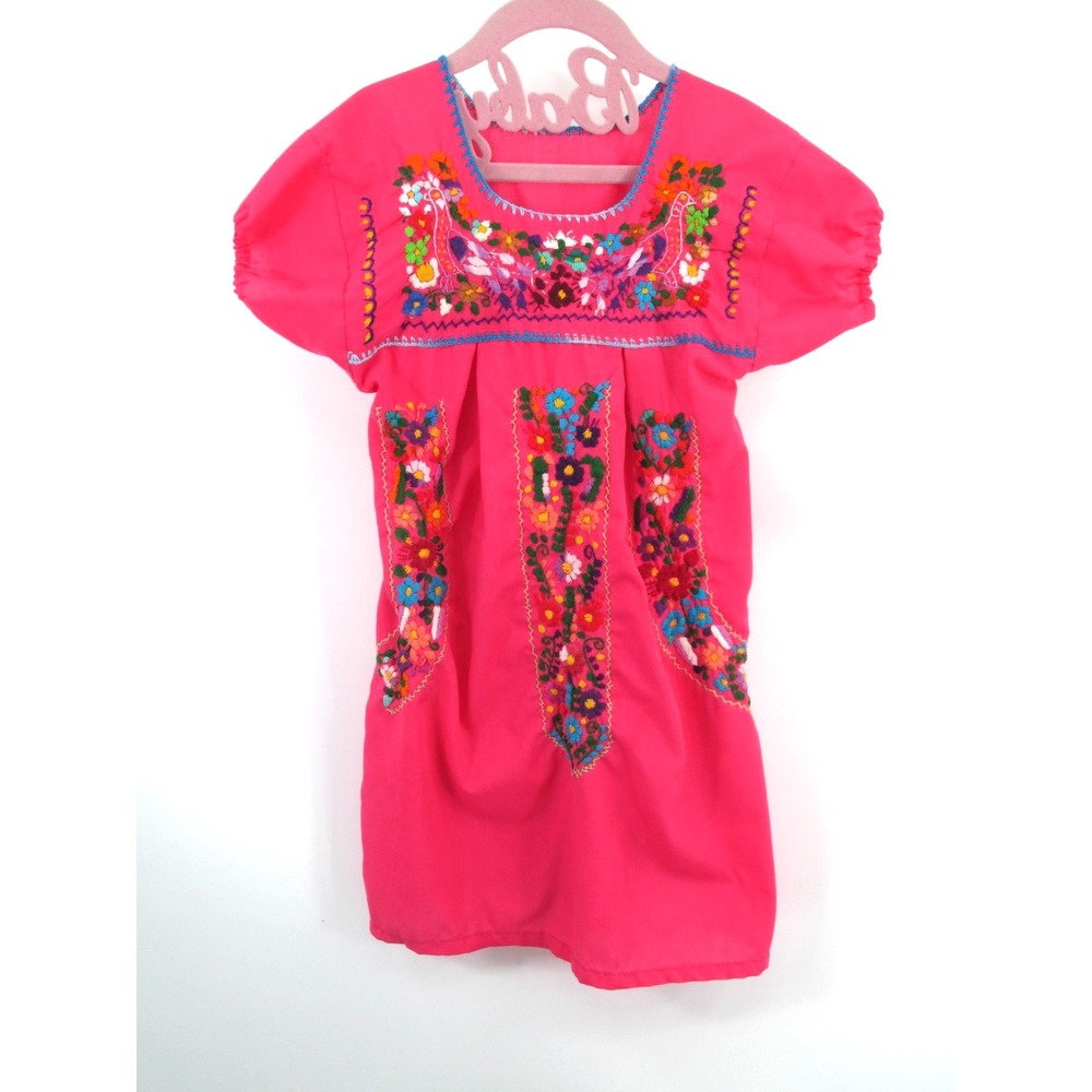 OAXACA Dress Girls 6/7 Pink Floral Embroidery Traditional Mexican Folk Puebla